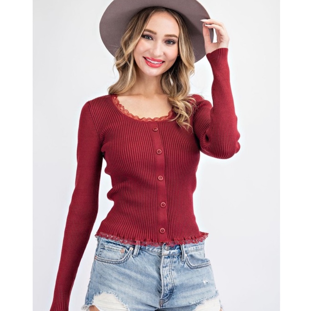 Women’s Winter Top Dressy Rib Knit Lace Top Red Blouse Cozy Knits Top Date Night